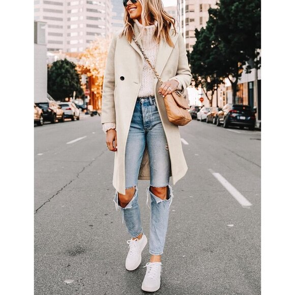 Women's Beige Winter Wool Coat Casual Notch Lapel Single-Breasted Peacoat - Picture 2 of 6